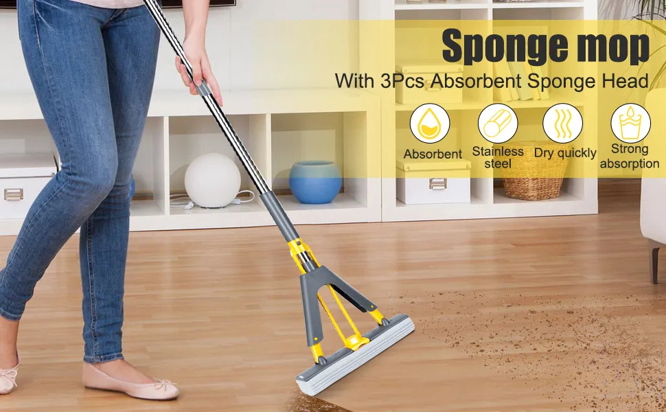 Sponge Floor Mop,Squeeze Roller Mop with 3 Pcs Absorbent Sponge Heads,42" Long Handle Hand PVA Squeeze Mop for Hardwood Home Kitchen Floor Cleaning - Sponge Floor Mop