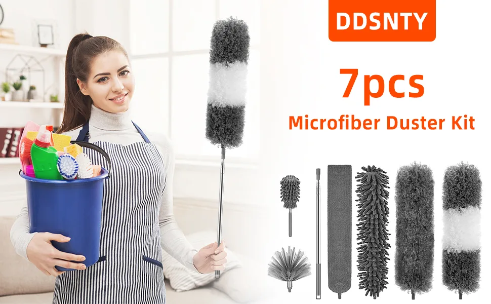 Microfiber Duster with Bendable Head 7PCS, Reusable Long Feather Duster with 30-100 inches Extension Pole, Duster for Cleaning Cobweb, Ceiling Fan/High Ceiling, Blinds, Furniture, House Cleaning Kit - Microfiber Dusters