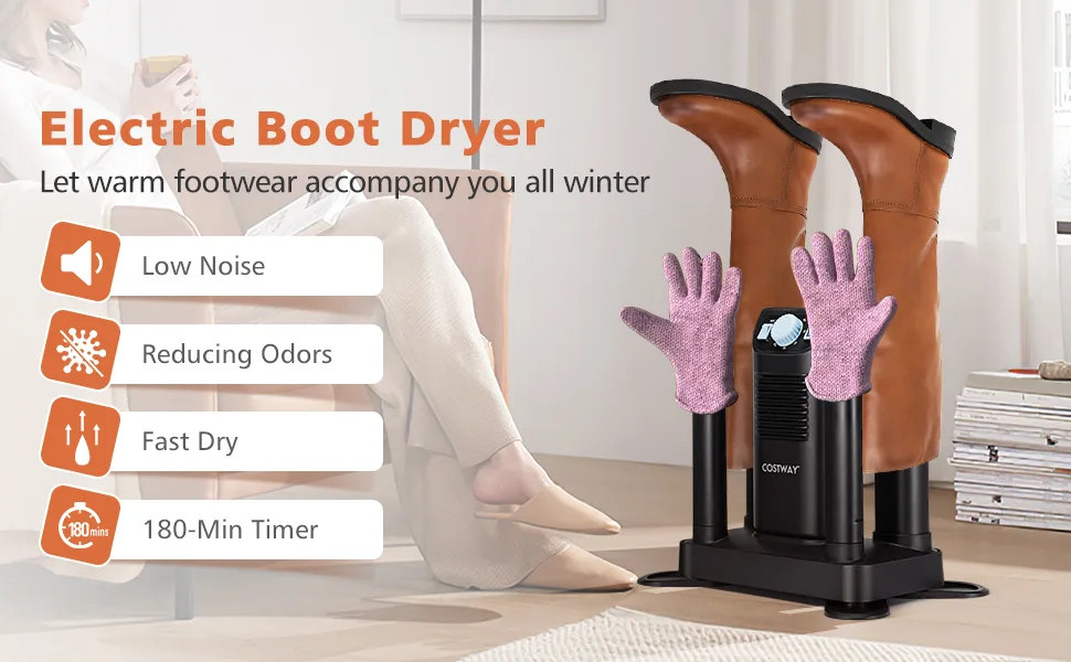 COSTWAY Boot Dryer, Shoe Dryer with 180 Mins Timer & Heating Blower, Ozone Disinfection, Extendable Design Black - Boot Dryer