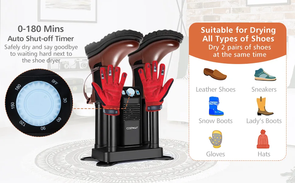 COSTWAY Boot Dryer, Shoe Dryer with 180 Mins Timer & Heating Blower, Ozone Disinfection, Extendable Design Black - Boot Dryer