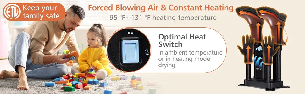 COSTWAY Boot Dryer, Shoe Dryer with 180 Mins Timer & Heating Blower, Ozone Disinfection, Extendable Design Black - Boot Dryer