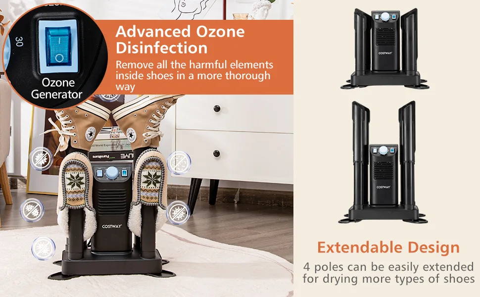 COSTWAY Boot Dryer, Shoe Dryer with 180 Mins Timer & Heating Blower, Ozone Disinfection, Extendable Design Black - Boot Dryer