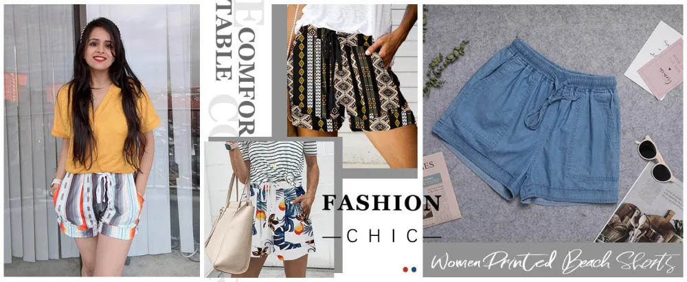 ONLYSHE Womens Casual Drawstring Shorts Summer Elastic Waist Shorts Pocketed Pants Large B-cornflower - printed shorts for women