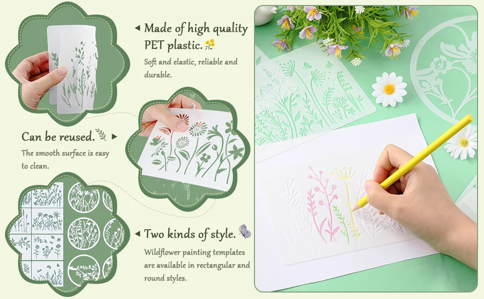 20 Pieces Wildflower Stencils for Painting Template Flower Stencils Wall Stencils Reusable Spring Stencils PET DIY Drawing Templates Stencils for Painting on Wood Wall Home Decor (Rectangular Style) - product information 3
