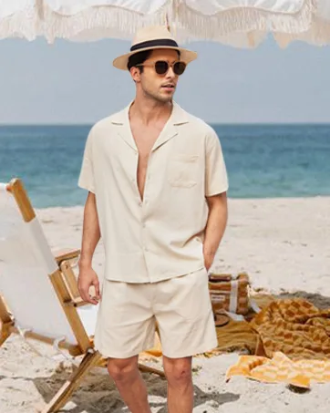COOFANDY Men's Linen Shirts Short Sleeve Button Up Shirts Beach Hawaiian 2 Piece Short Set Large White - product information 2