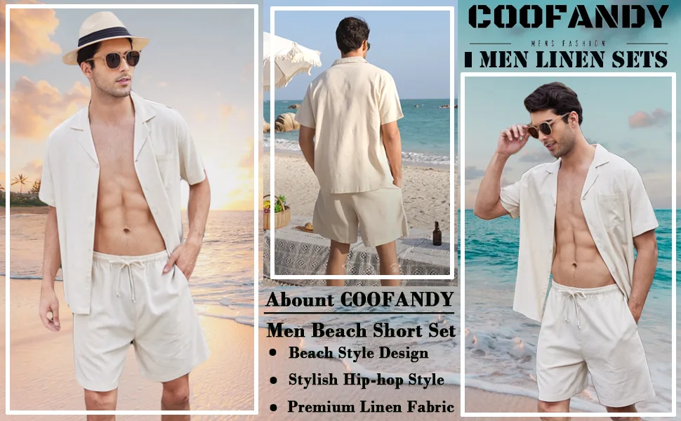 COOFANDY Men's Linen Shirts Short Sleeve Button Up Shirts Beach Hawaiian 2 Piece Short Set Large White - product information 23