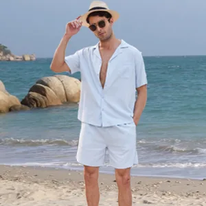 COOFANDY Men's Linen Shirts Short Sleeve Button Up Shirts Beach Hawaiian 2 Piece Short Set Large White - product information 25