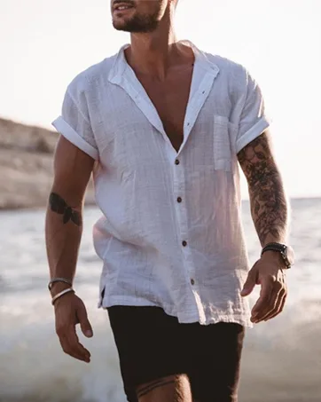 COOFANDY Men's Linen Shirts Short Sleeve Button Up Shirts Beach Hawaiian 2 Piece Short Set Large White - men linen set
