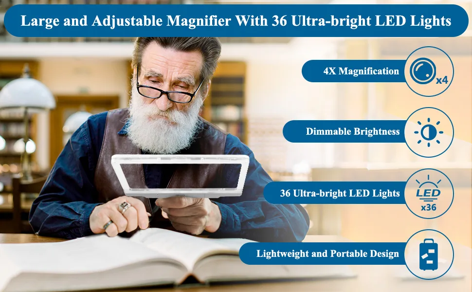 4X Large Magnifier with 36 Adjustable LED Lights Provide Full-Page Viewing Area Evenly Lit Perfect for Low Vision Person and Seniors Silver magnifier - product information 1