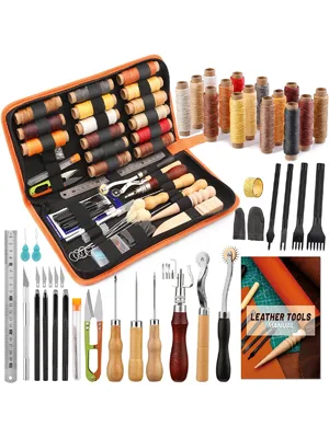 BUTUZE Leather Working Tools, Leather Tool Kit, Practical Leather Craft Kit with Waxed Thread Groover Awl Stitching Punch Hole for Leathercraft Beginner or Adults Gifts - Comes with Tool Manual - Leather Working Tools