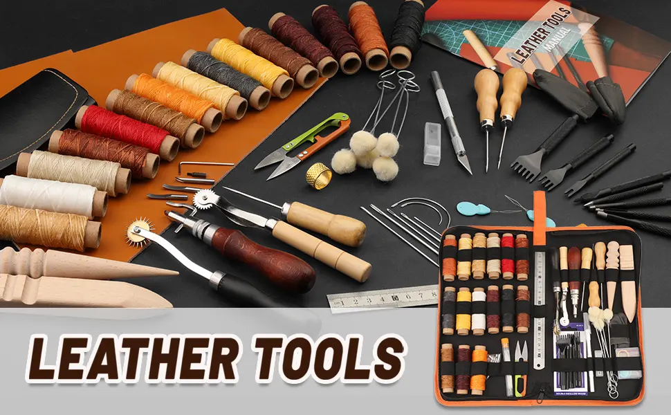 BUTUZE Leather Working Tools, Leather Tool Kit, Practical Leather Craft Kit with Waxed Thread Groover Awl Stitching Punch Hole for Leathercraft Beginner or Adults Gifts - Comes with Tool Manual - Leather Working Tools, Leather Tool Kit, Practical Leather Craft Kit with Waxed Thread