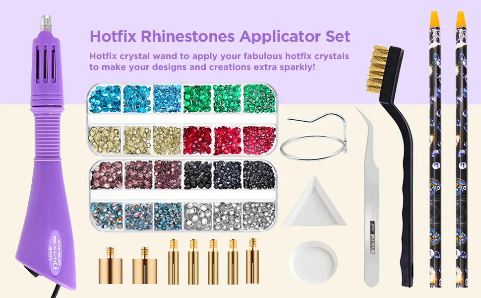 Hotfix Applicator Tool, Bedazzler Kit with DIY Hot Fix Rhinestones Include 7 Tips, Support Stand Tweezers Cleaning Brush Wax Pencils and 2400 Rhinestone Purple - product information 2
