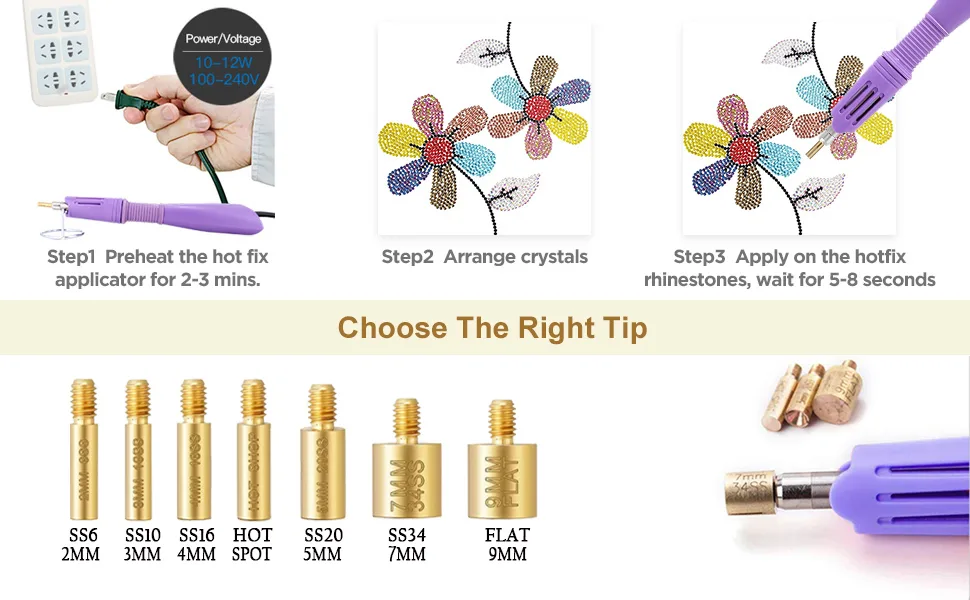 Hotfix Applicator Tool, Bedazzler Kit with DIY Hot Fix Rhinestones Include 7 Tips, Support Stand Tweezers Cleaning Brush Wax Pencils and 2400 Rhinestone Purple - kuiensi
