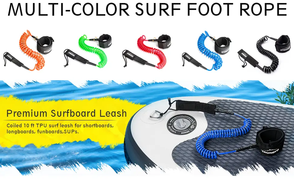 Overmont Surfboard Leash Premium Stand Up Paddle Board Leg Rope Wrist Strap Coiled 10 ft TPU Safe for Paddleboard, Shortboard, Longboard green - 5 colors premium surfboard leash