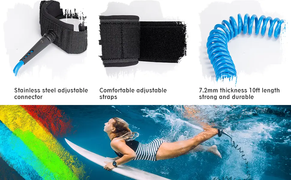 Overmont Surfboard Leash Premium Stand Up Paddle Board Leg Rope Wrist Strap Coiled 10 ft TPU Safe for Paddleboard, Shortboard, Longboard green - thicker stronger adjustable