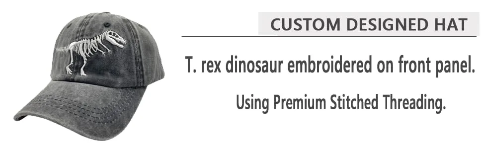 NVJUI JUFOPL Boys' Skull Dinosaur Hat Washed Vintage Embroidered Baseball Cap Cute Funny Dinosaur - Black - CUSTOM DESIGNED HAT