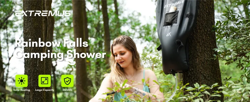 Extremus Rainbow Falls Camping Shower, 6.6 Gallons, 25L Camp Shower Bag, Solar Heating PVC Bladder, Built-in Thermometer, Mesh Pocket, ABS Nozzle System, Portable Solar Shower for Camping - Camping Shower