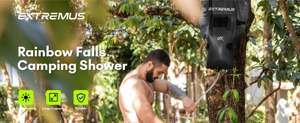 Extremus Rainbow Falls Camping Shower, 6.6 Gallons, 25L Camp Shower Bag, Solar Heating PVC Bladder, Built-in Thermometer, Mesh Pocket, ABS Nozzle System, Portable Solar Shower for Camping - Camping Shower