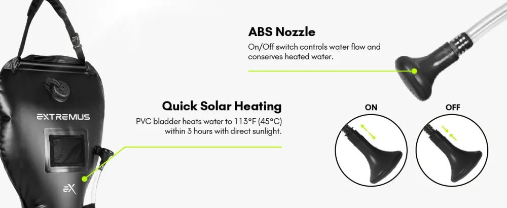 Extremus Rainbow Falls Camping Shower, 6.6 Gallons, 25L Camp Shower Bag, Solar Heating PVC Bladder, Built-in Thermometer, Mesh Pocket, ABS Nozzle System, Portable Solar Shower for Camping - Camping Shower