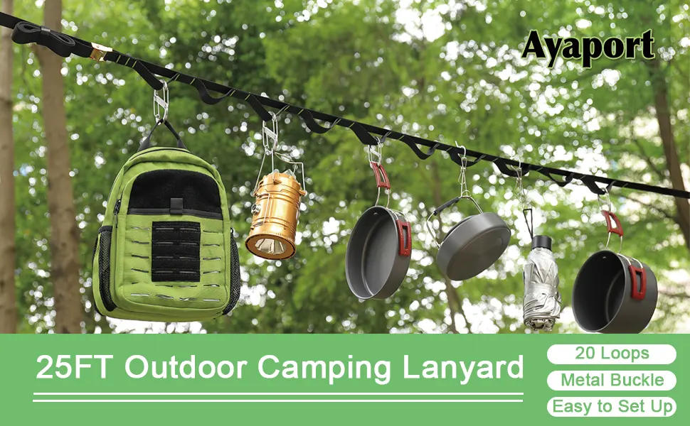 Ayaport Campsite Storage Strap 25FT Camping Lanyard Tent Hanging Organizer with 20 Loops 12 Hooks Must Have Tent Gear Camp Kitchen Accessories - campsite storage strap
