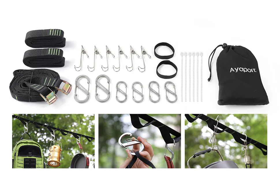 Ayaport Campsite Storage Strap 25FT Camping Lanyard Tent Hanging Organizer with 20 Loops 12 Hooks Must Have Tent Gear Camp Kitchen Accessories - hammock tree strap