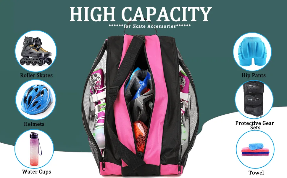 Soudittur Roller Skate Bag with Adjustable Shoulder Strap-Kids and Adults, Breathable & Water Proof High Capacity Ice Skate Bag for Skate Accessories Pink - product information 2