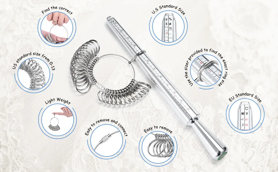 Ring Sizer Measuring Tool, NuLink Aluminum Ring Mandrel Dual Measurement Size Metal Rings Sizers Tools Kit Adjuster for Women Men Rings - nulink_ringsizer_feature