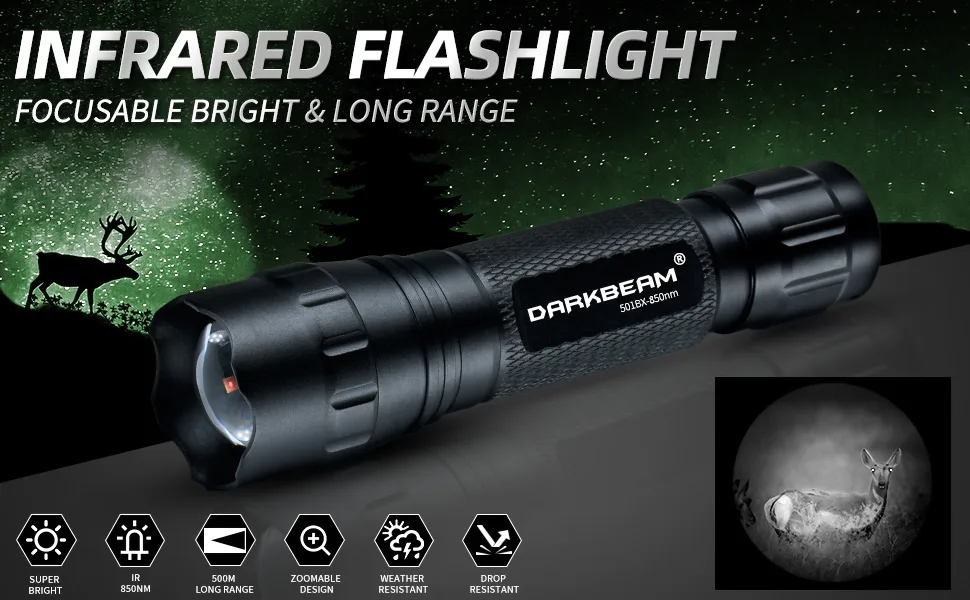 DARKBEAM Infrared 850nm Light for Night Vision Scope, LED Long Range & Mini IR Flashlight Work with Infrared Gear, Rechargeable Portable Zoom Tactical Illuminator Kit for Hunting, Observation, Search - 501BX-850