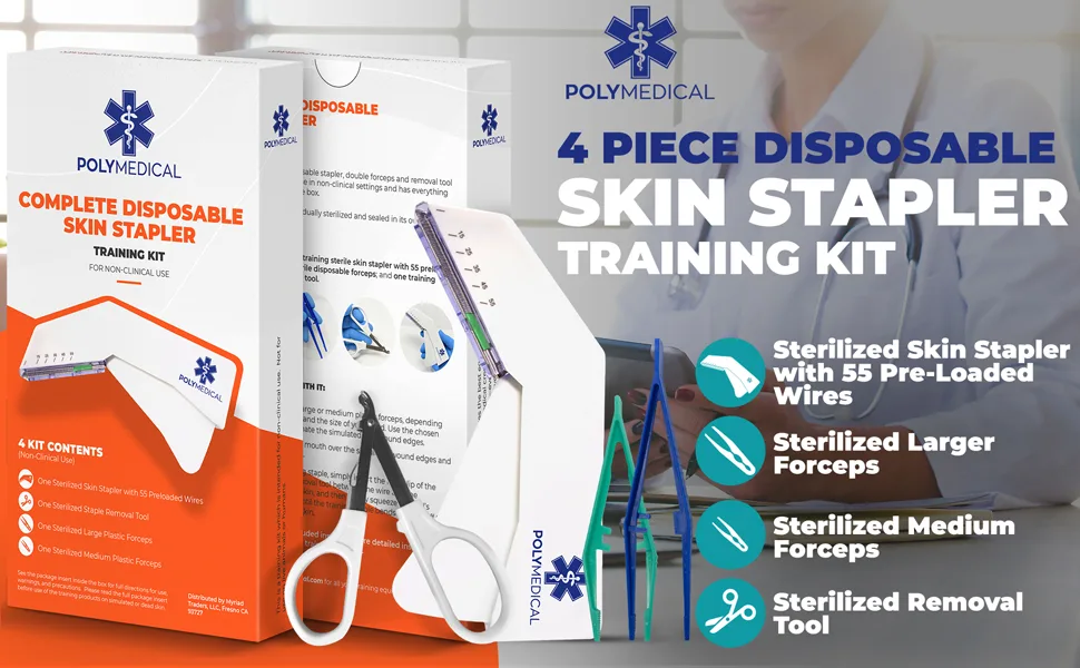 4 Piece Disposable Skin Stapler Kit (Suture Thread Alternative) 55 Wires, Stapler Remover Tool + 2 Plastic Forceps for Outdoor Camping Emergency Survival Demo, First Aid Field Emergency Vet Training - 4 Piece Skin Stapler Kit