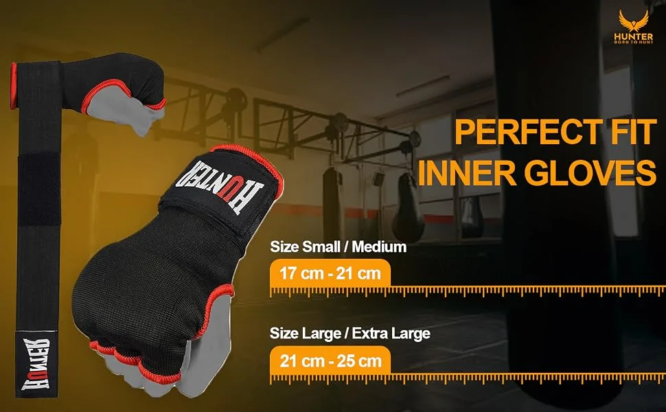 HUNTER Gel Padded Inner Gloves with Hand Wraps for Boxing (Comes in Pair) Black S/M - Boxing Inner Gloves
