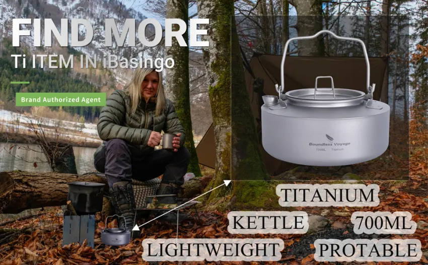 Boundless Voyage 700ml Titanium Kettle with Folding Handle Ultralight Portable Teapot for Outdoor Camping Coffee Maker Grey-Ti3100D - KETTLE