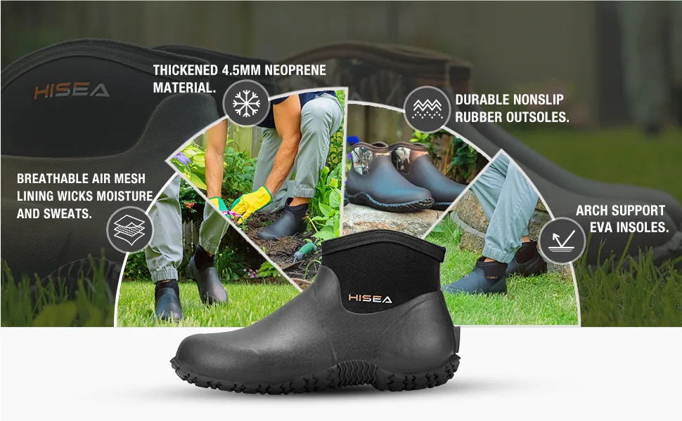 HISEA Men's Ankle Height Rubber Garden Boots Insulated Waterproof Rain Shoes for Outdoor Work 10 Black - mens muck boots short