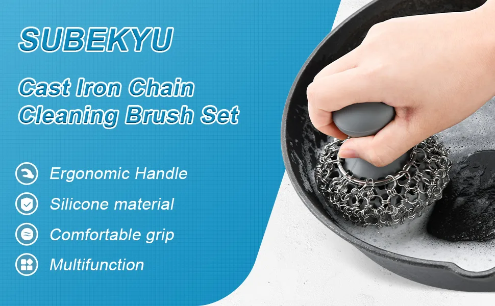 SUBEKYU Cast Iron Chainmail Scrubber, Stainless Steel Skillet Cleaner +Scraper Tool for Cast Iron Pans, Grey+Black - product information 15