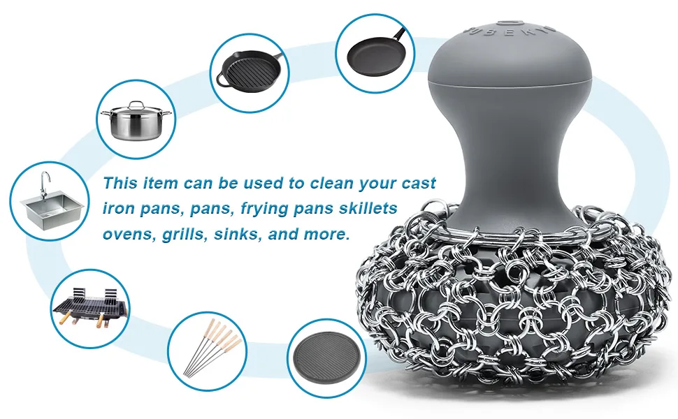 SUBEKYU Cast Iron Chainmail Scrubber, Stainless Steel Skillet Cleaner +Scraper Tool for Cast Iron Pans, Grey+Black - product information 16