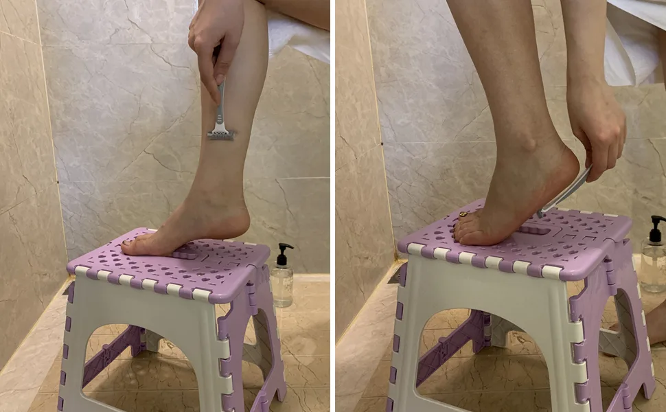 Shower Foot Rest, TRANOMOS Shower Stool for Shaving Legs, Folding Plastic Shower Step Stool for Inside Shower, Waterproof Pedicure Stand Foot Rest for Corner, Purple - product information 6
