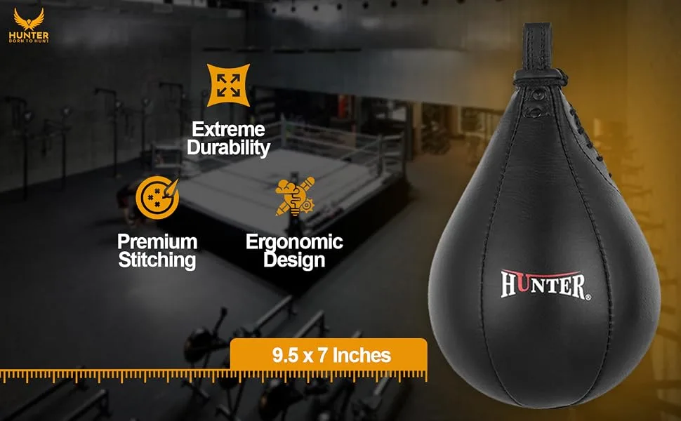 HUNTER Speed Ball Boxing Cow Hide Leather MMA Speed Bag Muay Thai Training Speed Bag Punching Dodge Striking Bag Kit with Hanging Swivel for Workout - Speed Bag