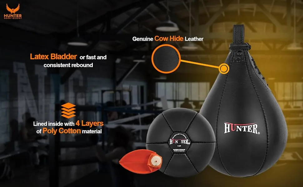 HUNTER Speed Ball Boxing Cow Hide Leather MMA Speed Bag Muay Thai Training Speed Bag Punching Dodge Striking Bag Kit with Hanging Swivel for Workout - Speed Bag
