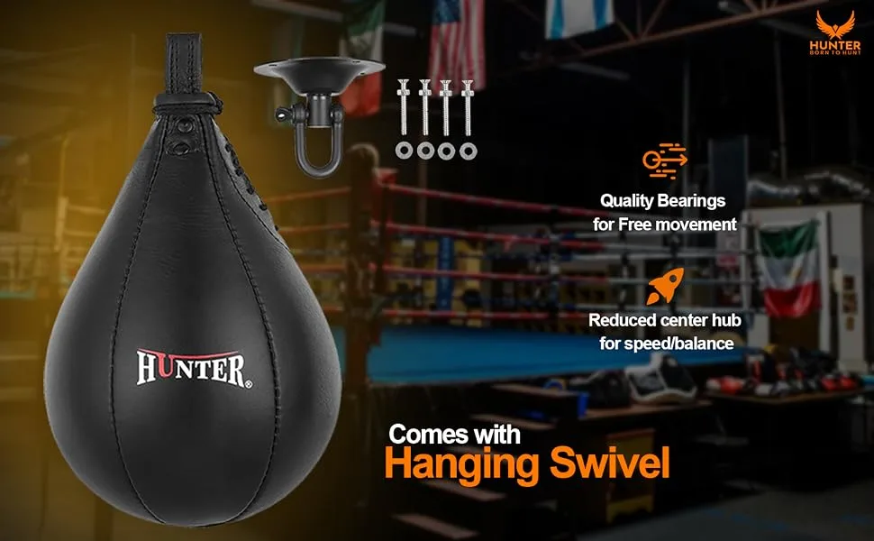 HUNTER Speed Ball Boxing Cow Hide Leather MMA Speed Bag Muay Thai Training Speed Bag Punching Dodge Striking Bag Kit with Hanging Swivel for Workout - Speed Bag