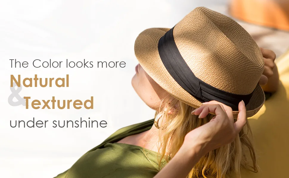 FURTALK Fedora Straw Sun Hat for Men Women Foldable Roll Up Short Brim Trilby Hat Panama Beach Hat UPF 50+ Khaki Medium-Large - fedora hat