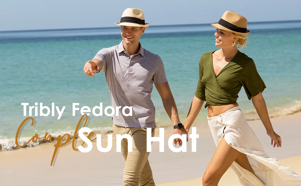 FURTALK Fedora Straw Sun Hat for Men Women Foldable Roll Up Short Brim Trilby Hat Panama Beach Hat UPF 50+ Khaki Medium-Large - fedora hat