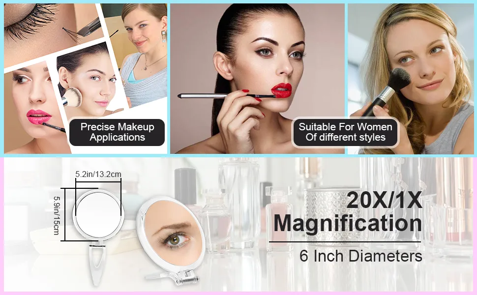 MIYADIVA 6 Inch 20X Magnifying Mirror, Hand Mirrors with Handle, Portable Travel Mirror for Women, Foldable, Handheld, Double Sided, Black - magnifying mirror