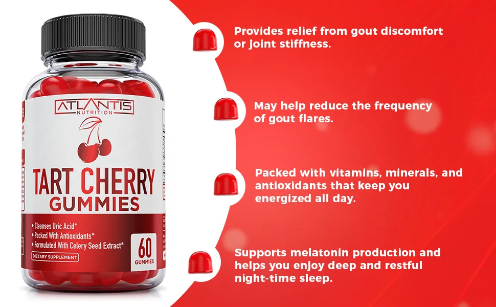 Tart Cherry Gummies with Celery Seed Extract - Advanced Uric Acid Cleanse for Immediate Gout Relief. Powerful Antioxidant with Joint Support - 60 Gummies - cherry extract celery seed extract tart cherry capsules cherry tart capsules tart cherry supplement