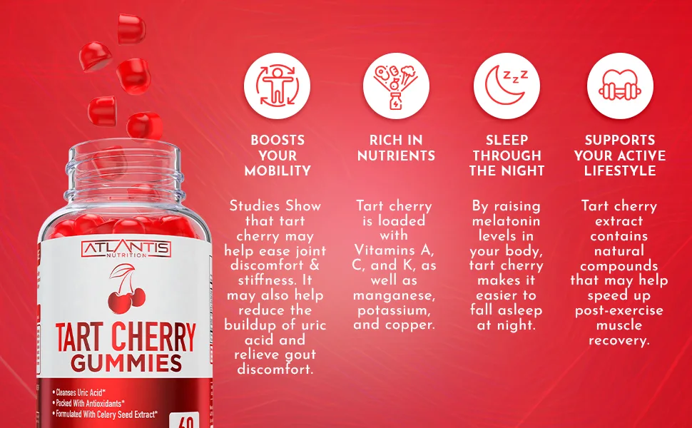 Tart Cherry Gummies with Celery Seed Extract - Advanced Uric Acid Cleanse for Immediate Gout Relief. Powerful Antioxidant with Joint Support - 60 Gummies - cherry extract celery seed extract tart cherry capsules cherry tart capsules tart cherry supplement
