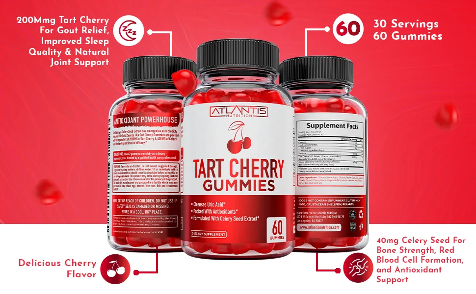 Tart Cherry Gummies with Celery Seed Extract - Advanced Uric Acid Cleanse for Immediate Gout Relief. Powerful Antioxidant with Joint Support - 60 Gummies - tart cherry extract capsules tart cherry tart cherry gummies tart cherry extract