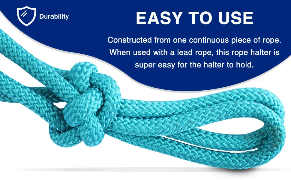 Harrison Howard Super Sturdy Horse Rope Training Halter with 4 Knot 1/4" Stiff Halter Cord Turquoise Yearling - image-3