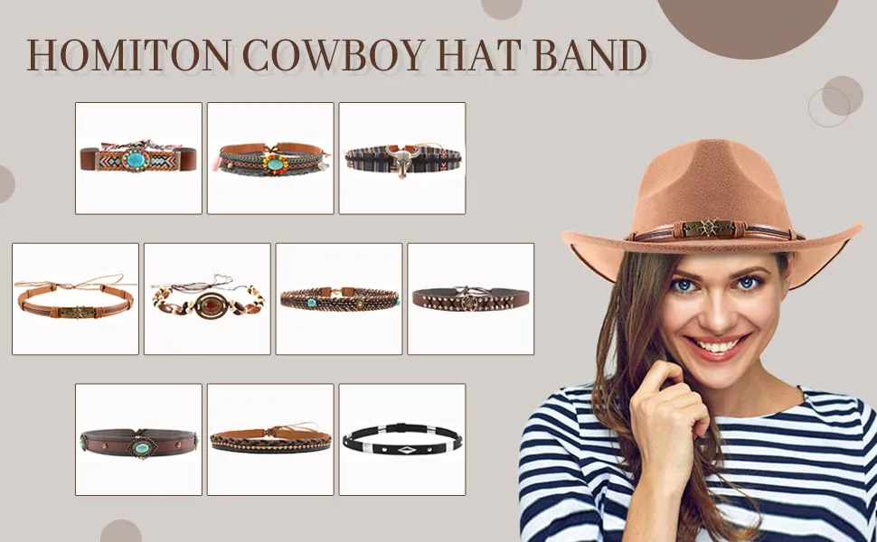 Homiton 5Pcs Cowboy Hat Band Replacement Handmade Ethnic Western Hat Belts for Straw Felt Fedora Panama Hats Hatband 05 - hat band