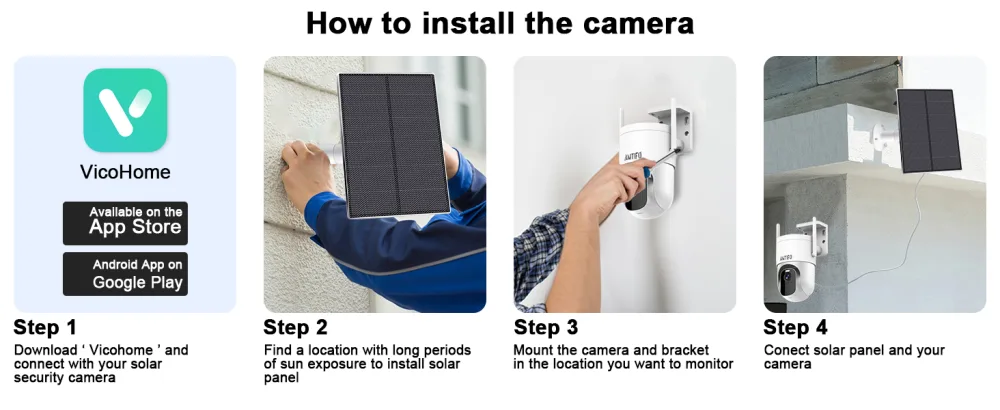AMTIFO Security Camera Wireless Outdoor Solar - 2K WiFi Surveillance Cameras System for Home Motion Detection Color Night Vision W8 - Install the security camera