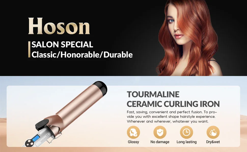 Hoson 2 Inch Curling Iron Large Barrel, Long Barrel Curling Wand Dual Voltage, Ceramic Tourmaline Coating with LCD Display, Glove Include 2 inches - curling iron