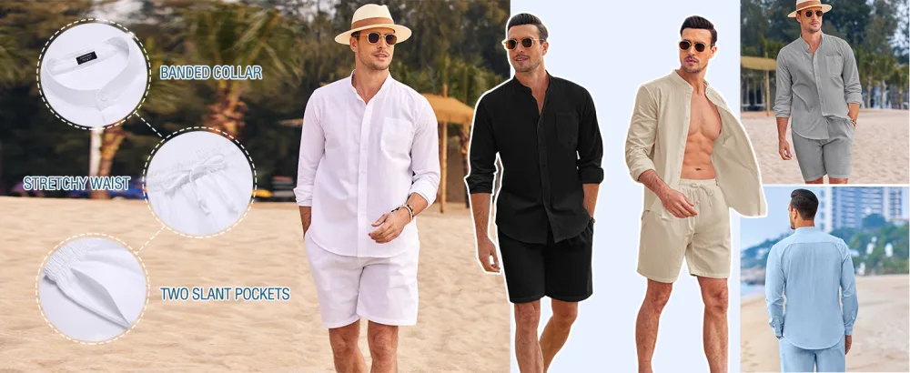 COOFANDY Linen Sets For Men 2 Piece Button Down Shirt Long Sleeve And Casual Beach Drawstring Waist Shorts Summer Outfits Khaki X-Large - product information 3