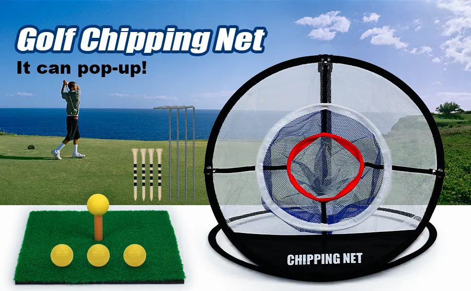 Golf Practice Chipping Net with Golf Hitting Mat, Pop Up Golf Nets Portable Chipping Net Golf Target Wooden Tees Rubber Tee Holder Golf Balls Fixed Parts for Swing Training Golf Net Black - golf practice chipping net